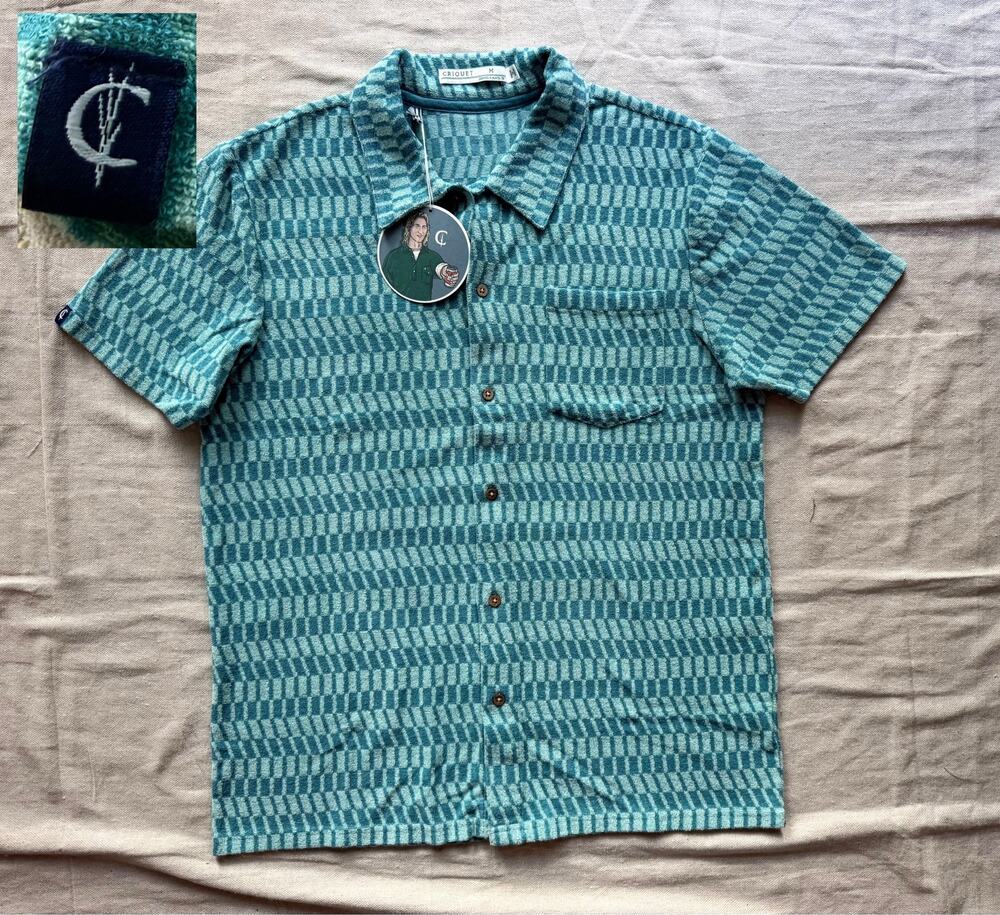 NWT Criquet Terrycloth Players Shirt Men's M Check Jacquard Teal Blue Resortwear